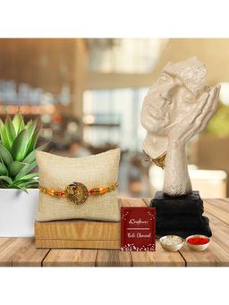 eCraftIndia - Designer Peacock Rakhi with Men Sleeping Face Statue & Roli Chawal Pack, Greeting Card