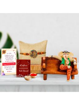 eCraftIndia - Peacock Rakhi with Lord Ganesha Idol Visiting Card Holder & Roli Chawal Pack