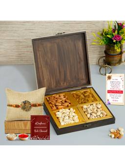 eCraftIndia - Designer Peacock Rakhi with Wooden Dry Fruit Box & Roli Chawal Pack
