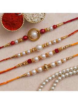 eCraftIndia - 4 Red, Golden White Pearls Rakhis with Roli Chawal Pack