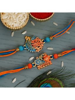 eCraftIndia - Blue & Orange 4 Kundan Pearl Designer Rakhis with Roli Chawal Pack