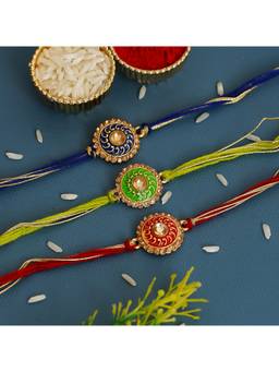 eCraftIndia - Blue, Green & Red 3 Meenakari Designer Rakhis with Roli Chawal Pack