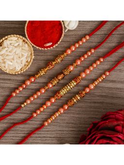 eCraftIndia - Red & Golden 4 Designer Pearl Rakhis with Roli Chawal Pack