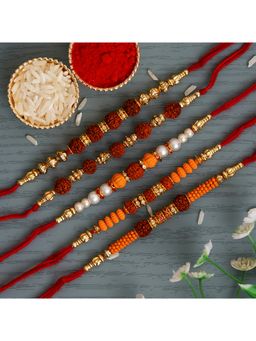 eCraftIndia - Multi-Color 5 Beads, Pearls, Diamond, Rudraksha Rakhis with Roli Chawal Pack
