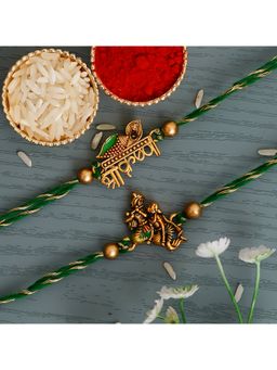 eCraftIndia - Green & Golden 2 Shri Krishna, Radha Krishna Playing Flute Designer Rakhis