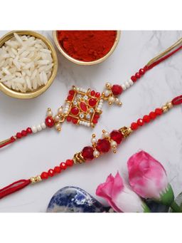 eCraftIndia - Golden, Red & White 2 Precious Stone Designer Rakhis with Roli Chawal Pack
