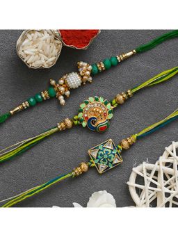 eCraftIndia - Multi-Color 3 Peacock, Flower, Beads, Pearls Designer Rakhis & Roli Chawal Pack