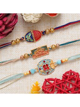 eCraftIndia - Multi-Color 3 Semi Precious Designer Rakhis with Roli Chawal Pack