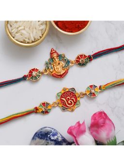 eCraftIndia - 2 Ganesha & Om Symbol Religious Designer Rakhis with Roli Chawal Pack