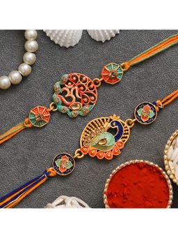 eCraftIndia - 2 Religious Om Symbol & Peacock Designer Rakhis with Roli Chawal Pack