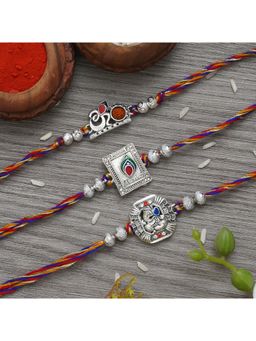 eCraftIndia - 3 Om, Krishna with Peacock Feather, Ganesha Silver Religious Designer Rakhis