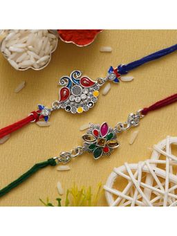 eCraftIndia - Multi-Color 2 Peacock & Flower Designer Kundan Rakhis with Roli Chawal Pack