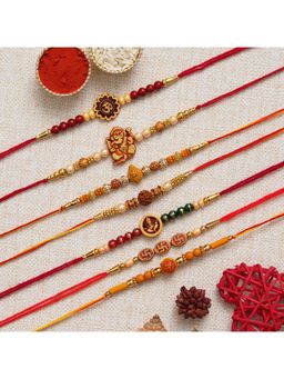 eCraftIndia - 7 Om, Ganesha, Swastik, Rudraksha, Pearls Designer Rakhis, Roli Chawal Pack