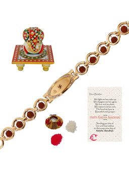 eCraftIndia - Om, Swastik, Rudraksha Religious Bracelet Rakhi with Ganesha Idol On Marble Chowki
