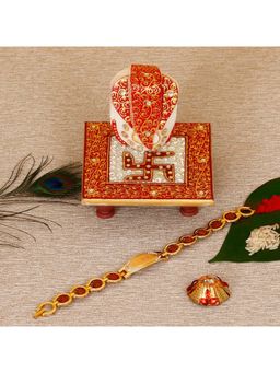 eCraftIndia - Om, Swastik, Rudraksha Religious Bracelet Rakhi with Ganesha Idol Chowki, Roli Chawal