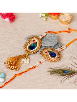 eCraftIndia - Peacock Feather Designer Bhaiya Bhabhi Rakhis with Roli Chawal Pack & Greeting Card