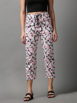 SHOWOFFFF - Women's Flat-front Floral Multi Regular Fit Cotton Trousers