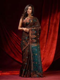 CHARUKRITI - Mocha Brown Tissue Floral Zari Motifs and Contrast Pallu Saree with Unstitched Blouse