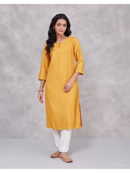 Fabindia - Mustard Viscose Silk Pintucks Long Kurta