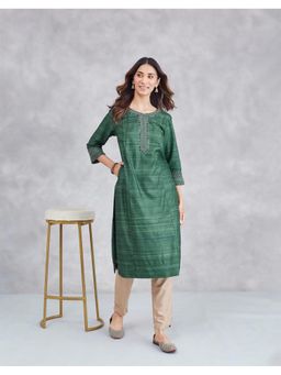 Fabindia - Green Silk Ghicha Embroidered Long Kurta