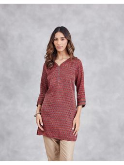 Fabindia - Maroon Viscose Blend Floral Ajrakh Printed Slim Fit Kurti