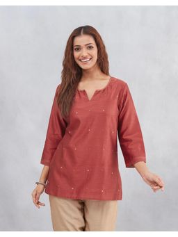 Fabindia - Red Cotton Silk Hand Embroidered Slim Fit Tunic
