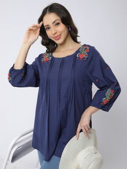 R&B - Embroidered Relaxed Navy Blue Tunic