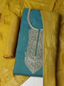 MEENA BAZAAR - Embroidered Green Unstitched Kurta with Unstitched Pant and Dupatta