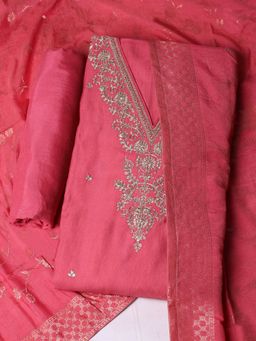 MEENA BAZAAR - Embroidered Pink Unstitched Kurta with Unstitched Pant and Dupatta