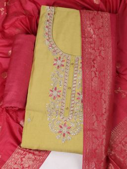 MEENA BAZAAR - Embroidered Yellow Unstitched Kurta with Unstitched Pant and Dupatta