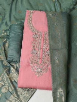 MEENA BAZAAR - Embroidered Pink Unstitched Kurta with Unstitched Pant and Dupatta