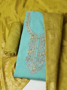 MEENA BAZAAR - Embroidered Green Unstitched Kurta with Unstitched Pant and Dupatta