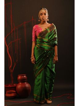 Huts and Looms - Green Handwoven Tissue Gold Striped Border Saree without Blouse