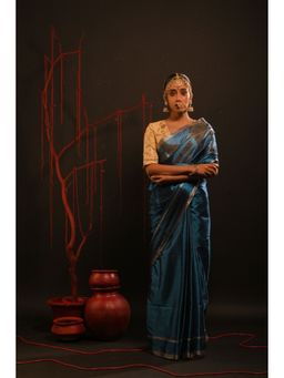 Huts and Looms - Blue Handwoven Tissue Gold Striped Border Saree without Blouse