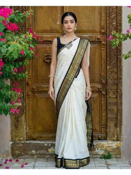 AMRUTKALA SAREES - White Banarasi Silk Kanjivaram Saree with Unstitched Blouse