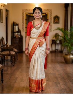 AMRUTKALA SAREES - Beige Designer Banarasi Silk Kanjivaram Saree with Unstitched Blouse