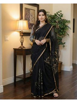AMRUTKALA SAREES - Black Designer Linen Silk Printed Saree with Unstitched Blouse
