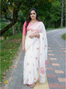 AMRUTKALA SAREES - White Designer Linen Silk Printed Saree with Unstitched Blouse