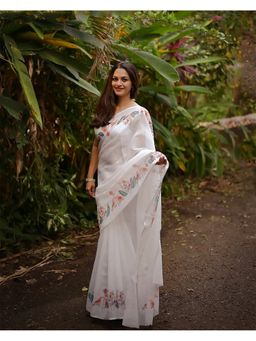 AMRUTKALA SAREES - White Linen Silk Printed Saree with Unstitched Blouse