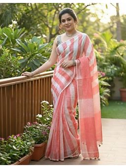 AMRUTKALA SAREES - White Linen Silk Printed Saree with Unstitched Blouse