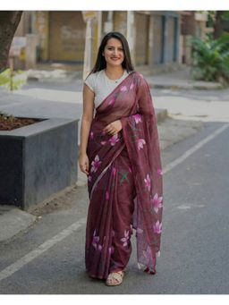 AMRUTKALA SAREES - Purple Designer Linen Silk Printed Saree with Unstitched Blouse
