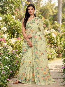 AMRUTKALA SAREES - Green Designer Linen Silk Printed Saree with Unstitched Blouse