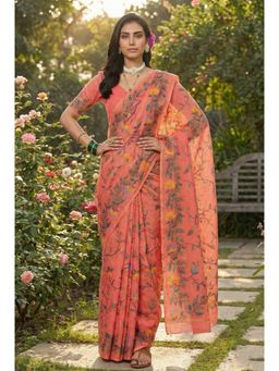 AMRUTKALA SAREES - Orange Designer Linen Silk Printed Saree with Unstitched Blouse