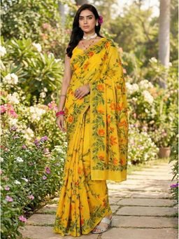 AMRUTKALA SAREES - Yellow Designer Linen Silk Printed Saree with Unstitched Blouse