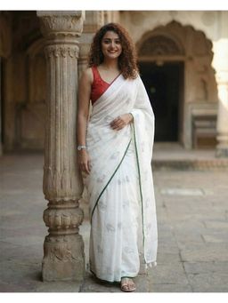 AMRUTKALA SAREES - White Designer Linen Silk Printed Saree with Unstitched Blouse