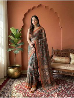 AMRUTKALA SAREES - Olive Designer Linen Silk Printed Saree with Unstitched Blouse