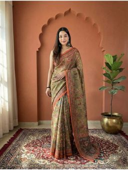AMRUTKALA SAREES - Green Designer Linen Silk Printed Saree with Unstitched Blouse