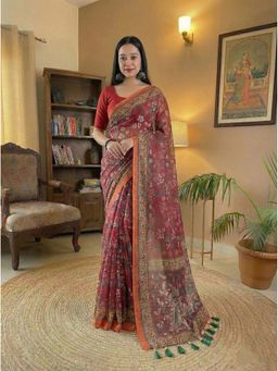 AMRUTKALA SAREES - Red Designer Linen Silk Printed Saree with Unstitched Blouse