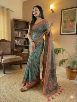 AMRUTKALA SAREES - Teal Designer Linen Silk Printed Saree with Unstitched Blouse