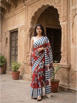 AMRUTKALA SAREES - Red Designer Linen Silk Printed Saree with Unstitched Blouse